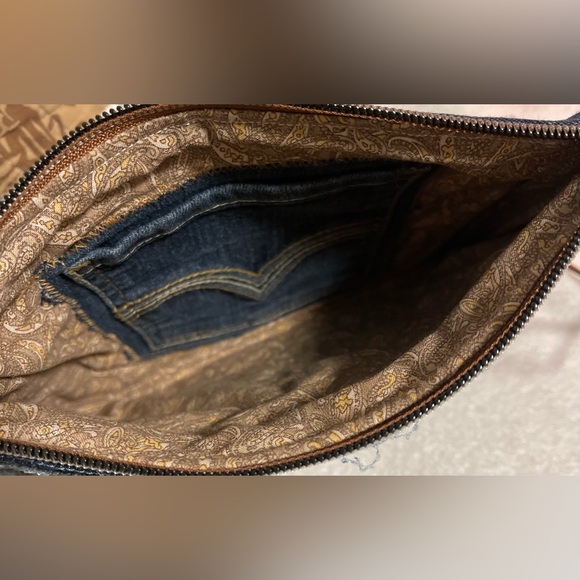 Bohemian Unique One-of-a-Kind Denim Patchwork Clutch with removable wrist handle - Picture 4 of 12